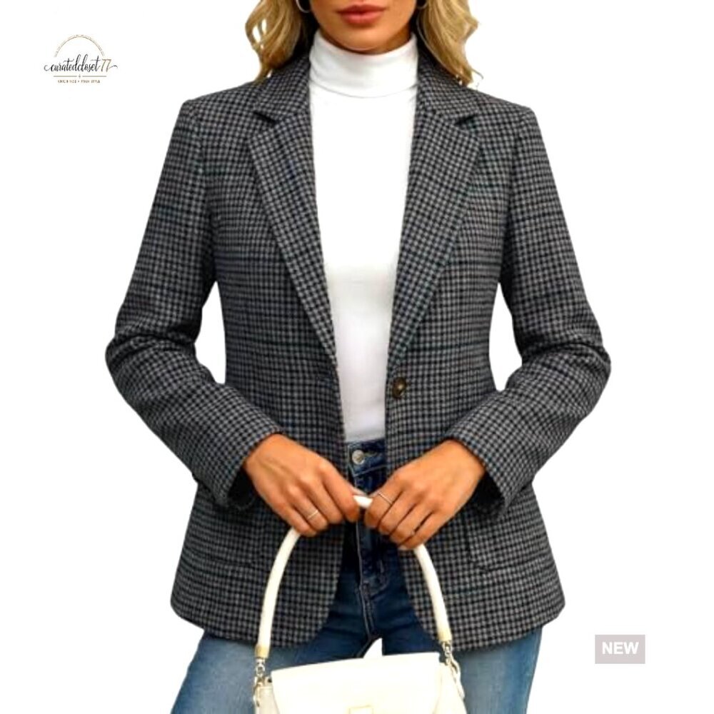 Slim Fit Tweed Blazer Houndstooth Plaid Lined Work Casual Office Jacket - Picture 2 of 7